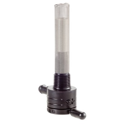 Straight outlet. 
Constructed from 360 brass with stainless steel ball bearings to eliminate rough, sticky or even frozen valve action. Between on, reserve and off. A special, easy to feel, detent will keep the fuel selector from accidental shifting from motor vibrations. Large 180 degree between on and reserve position for safety. 
O-ring seating will secure the fuel valve from leaking. Flowrate approx. 112 oz (3175 gram) per minute. Comes with a 5/16" fuel hose connection.