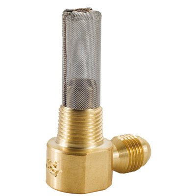 06-AN hose fitting; side outlet. 
These brass fittings will take a minimum of space, enabling you to connect your fuel line to the gas tank, when a regular petcock just won't fit.
Can be used in combination with the Golan Gas Tank Selector or with an in-line fuel valve.