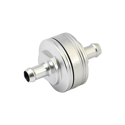 The filter elements are designed for use in the aerospace industry and is made of pleated 304 stainless steel with a filtering capacity of 10 micron on a total of 4 square inches of effective filtration area. 
It will flow 6 gallons per minute with the least possible restriction. Washable and indefinite re-useable. Filter housing is aluminum with a durable anodized finish. 
Dimensions 1.375"ø x .875" (34.9mm x 22.2mm). 
Fittings not included.