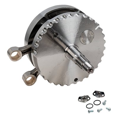 106" stroker engine. Balanced to 1108 grams total piston weight. 

Note: Engines with strokes exceeding 4" may require S&S piston oiling jets and piston to jet clearance notches in the piston skirt to avoid contact. 
Note: S&S crankpins allow the use of replaceable bearing races in the lower end of the connecting rods. The first generation of S&S crankpins, in use up to 2012, were 1.500" diameter. The second generation crankpins, in use since 2013, have the larger 1.671" OEM diameter crankpins. Now S&S & OEM crankpins are identical in diameter so now S&S parts can be used to rebuild stock H-D flywheels, something that previously was not possible since H-D rebuild parts were, and are, not available. 
Note: Following is regarding 03-17 models. S&S has designed these flywheels to work with a Timken style sprocket shaft bearing, they will fit stock 99-02 model year and all S&S cases without modifications. Stock H-D 03-17 Twin Cam engines use the same sprocket shaft roller bearing as is used on the pinion shaft, a cost saving but weaker solution. It is possible to use the stock weak 03-17 sprocket shaft bearing kit (OEM H-D 24004-03B) with S&S flywheels in 03-17 stock cases. However, S&S feels this roller bearing will not take the side loads produced in a high performance motor. S&S will not honor any warranty claims in an application where the OEM 24004-03B/24605-07 03-17 sprocket shaft roller bearing style bearing assembly is used. To upgrade to the pre-2003 style sprocket shaft bearing MCS 978517 JIMS conversion tool kit is available. This kit includes a tool, a Timken bearing and a steel crankcase bearing insert for one motor. Bearing inserts only are available as 978519, bearings only as 508960. 
Note: In any and all applications the technician must be able to judge components for their suitability in combination with the other engine components, prior to installation. It is of importance that a knowledgeable mechanic will install & make adjustments as required.