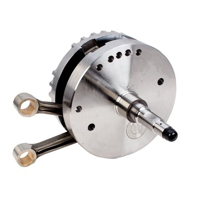 For 96/103/106 big bore. 110/117 engines with S&S pistons. S&S conrods do not have tapered wristpin ends and are not compatible with stock H-D pistons or stock H-D sprocket shaft bearings. Balanced to 1035 grams total piston weight. 

Note: Engines with strokes exceeding 4" may require S&S piston oiling jets and piston to jet clearance notches in the piston skirt to avoid contact. 
Note: S&S crankpins allow the use of replaceable bearing races in the lower end of the connecting rods. The first generation of S&S crankpins, in use up to 2012, were 1.500" diameter. The second generation crankpins, in use since 2013, have the larger 1.671" OEM diameter crankpins. Now S&S & OEM crankpins are identical in diameter so now S&S parts can be used to rebuild stock H-D flywheels, something that previously was not possible since H-D rebuild parts were, and are, not available. 
Note: Following is regarding 03-17 models. S&S has designed these flywheels to work with a Timken style sprocket shaft bearing, they will fit stock 99-02 model year and all S&S cases without modifications. Stock H-D 03-17 Twin Cam engines use the same sprocket shaft roller bearing as is used on the pinion shaft, a cost saving but weaker solution. It is possible to use the stock weak 03-17 sprocket shaft bearing kit (OEM H-D 24004-03B) with S&S flywheels in 03-17 stock cases. However, S&S feels this roller bearing will not take the side loads produced in a high performance motor. S&S will not honor any warranty claims in an application where the OEM 24004-03B/24605-07 03-17 sprocket shaft roller bearing style bearing assembly is used. To upgrade to the pre-2003 style sprocket shaft bearing MCS 978517 JIMS conversion tool kit is available. This kit includes a tool, a Timken bearing and a steel crankcase bearing insert for one motor. Bearing inserts only are available as 978519, bearings only as 508960. 
Note: In any and all applications the technician must be able to judge components for their suitability in combination with the other engine components, prior to installation. It is of importance that a knowledgeable mechanic will install & make adjustments as required.