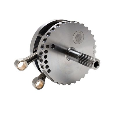 116/124 engines. S&S conrods do not have tapered wristpin ends and are not compatible with stock H-D pistons or stock H-D sprocket shaft bearings. Balanced to 1035 grams total piston weight. 

Note: Engines with strokes exceeding 4" may require S&S piston oiling jets and piston to jet clearance notches in the piston skirt to avoid contact. 
Note: S&S crankpins allow the use of replaceable bearing races in the lower end of the connecting rods. The first generation of S&S crankpins, in use up to 2012, were 1.500" diameter. The second generation crankpins, in use since 2013, have the larger 1.671" OEM diameter crankpins. Now S&S & OEM crankpins are identical in diameter so now S&S parts can be used to rebuild stock H-D flywheels, something that previously was not possible since H-D rebuild parts were, and are, not available. 
Note: Following is regarding 03-17 models. S&S has designed these flywheels to work with a Timken style sprocket shaft bearing, they will fit stock 99-02 model year and all S&S cases without modifications. Stock H-D 03-17 Twin Cam engines use the same sprocket shaft roller bearing as is used on the pinion shaft, a cost saving but weaker solution. It is possible to use the stock weak 03-17 sprocket shaft bearing kit (OEM H-D 24004-03B) with S&S flywheels in 03-17 stock cases. However, S&S feels this roller bearing will not take the side loads produced in a high performance motor. S&S will not honor any warranty claims in an application where the OEM 24004-03B/24605-07 03-17 sprocket shaft roller bearing style bearing assembly is used. To upgrade to the pre-2003 style sprocket shaft bearing MCS 978517 JIMS conversion tool kit is available. This kit includes a tool, a Timken bearing and a steel crankcase bearing insert for one motor. Bearing inserts only are available as 978519, bearings only as 508960. 
Note: In any and all applications the technician must be able to judge components for their suitability in combination with the other engine components, prior to installation. It is of importance that a knowledgeable mechanic will install & make adjustments as required.