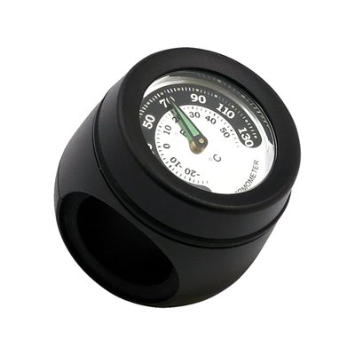 Fits 1" (25.4mm) and 1-1/4" (31.8mm) diameter handlebars through a removable black nylon bushing.
Direct in-line mount to handlebar.
Lens diameter approx. 32mm.
Measures ambient temperature.
Requires no wiring.
Face displays Fahrenheit & Celsius