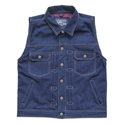 The 13 1/2  Rain-Splitter denim vest isn’t waterproof as the name might suggest, but is named after Luuk’s Rain-Splitter chopper which was featured in 13 and a Half Magazine #12.This vest is made of 14 oz. Tennessee denim, and the Rain-Splitter chopper is printed on the lining. There’s a zipper and push buttons on the front and zippers on the side pockets and inner pocket. Also available in black. Look no further: this is your new favorite denim vest!
