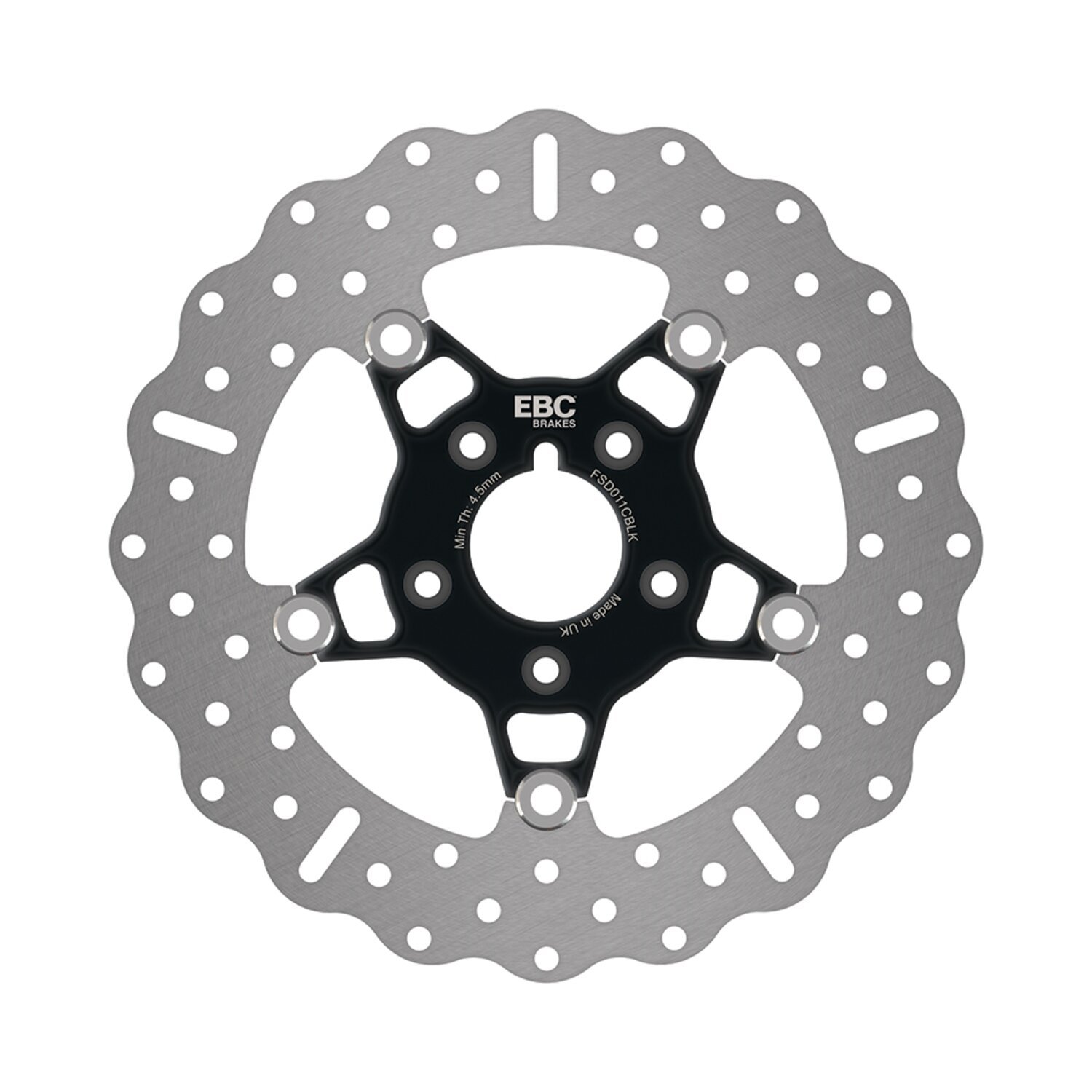 EBC, 5-button Contour stainless floating brake rotor. Front, storm grey black tracker