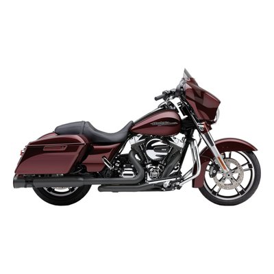 Matte black with gloss black muffler strap. Great flow & go. Internal technology is identical to the tried & proven PowrFlo and Tri-Flo mufflers. Comes with a 4" diameter body, expanding after the muffler strap, to 4 1/2". These slip-ons are an excellent choice for those that want that extra performance and a super deep sound from a traditional muffler. Destinctive styling elements, like the clamshell laser cut muffler strap, give it that little extra without becoming overkill. This one fits the traditional lines of the Harley-Davidson Touring motorcycle like a glove.