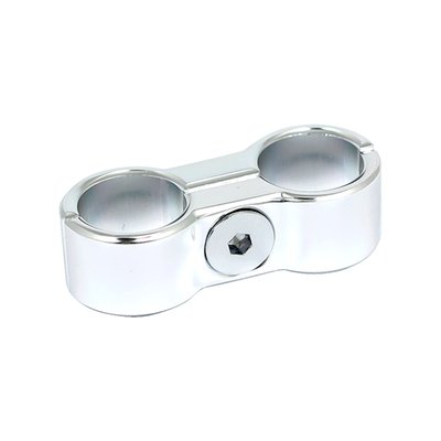 Aluminum. 
For use with 5/16" & 3/8" oil and fuel hoses. 
Eyelet inside diameter is 1.5cm. 