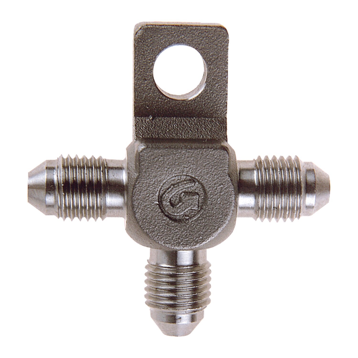 Goodridge t-fitting, with mount tab. Stainless
