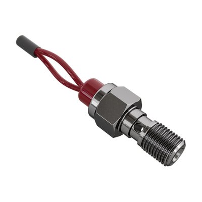 Banjo bolt, M10 x 1.00 threaded, with incorporated hydraulic brake light switch with wiring. High polished stainless steel.