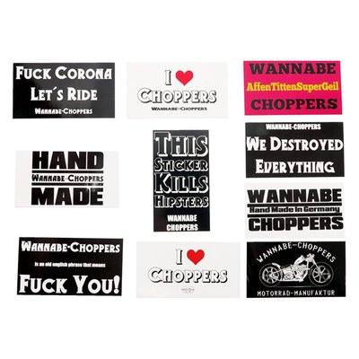 Sticker set with 10 of the legendary Wannabe-Choppers stickers. Stickers included may change every once in a while.
