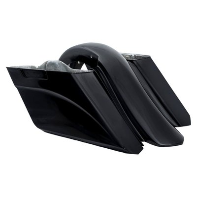 Complete kit with 5" extended down and 7" stretched bags and 7" stretched rear fender to transform your ride the Killer Custom way. The bags are a direct replacement for your stock bags and even add additional storage space. Installs to the same places as stock and stock mounting hardware and lids can be re-used. Both bags and fender are pre-drilled. Made of hand-laid black unpainted black gel coated fiberglass that is very stiff, strong, straight and light.
Note: Saddlebag lids sets, when required, are optionally available as 575448.
Note: Requires fitment checks before painting and final assembly.