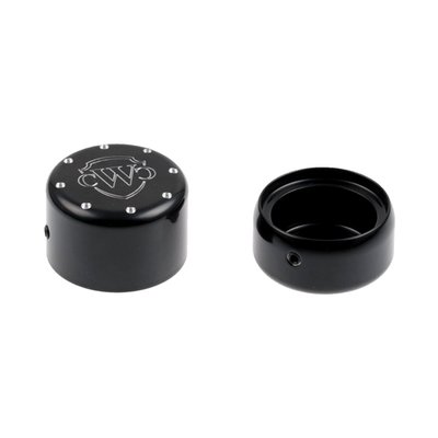 Gloss black powder coated CNC machined aluminum covers. With Cult-Werk logo engraved. Installs with set screws to the original axle.