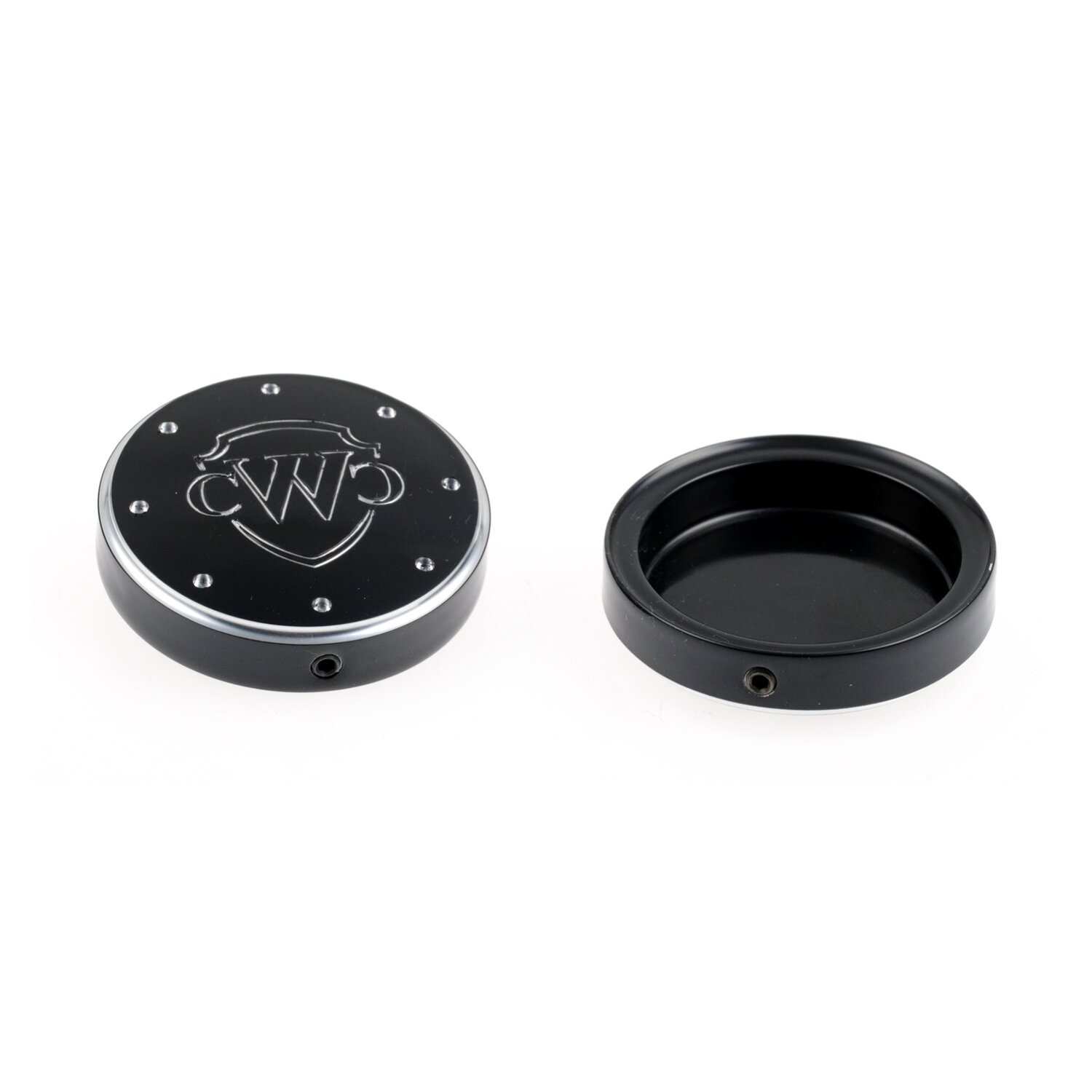 Cult-Werk, 2-piece fork tube cap bolt cover kit, Logo, Black, Gloss