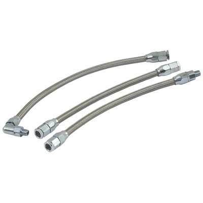 A complete pre-installed oil line kit with an outer diameter of just 14.5mm. A PTFE inner tubing with a protective stainless steel braid cover with preinstalled fitting for the specific model and model year. 
Note: Non stock motorcycles may have altered oil lines or oil line related components which may not be compatible with the stock style replacement oil lines Goodridge offers.