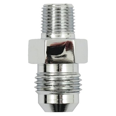 -6 JIC to 1/8" NPT. 
Used with Goodridge pre-assembled universal braided oil lines with -6 JIC swivel fitting. 
With a -6 JIC connection, for on oil line side, and available with a 1/8" NPT (approx. 10mm in diameter, as in oil tank and oil pump) or 1/4" NPT (approx. 13.5mm in diameter) thread to fit most regular H-D applications.