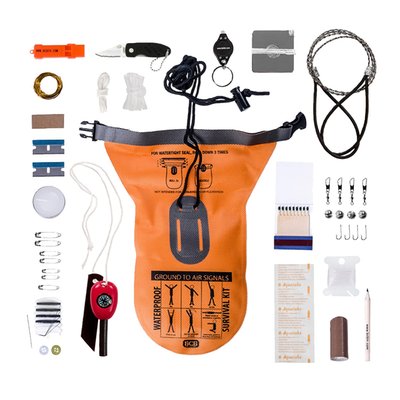 Waterproof, lightweight roll-top bag with a high quality survival kit. Features matches, mini folding knife, button compass, water purification tablets, dry bag, micro flashlight, signaling mirror, duct tape, accident evaluation form, razor blades, nylon cord, night light, pencil sewing kit, gold thread, fishing set, wire saw, emergency whistle, fireball flint and batter, survival instruction and 6 safety pins. Dimensions: 12x 19,5 cm. 