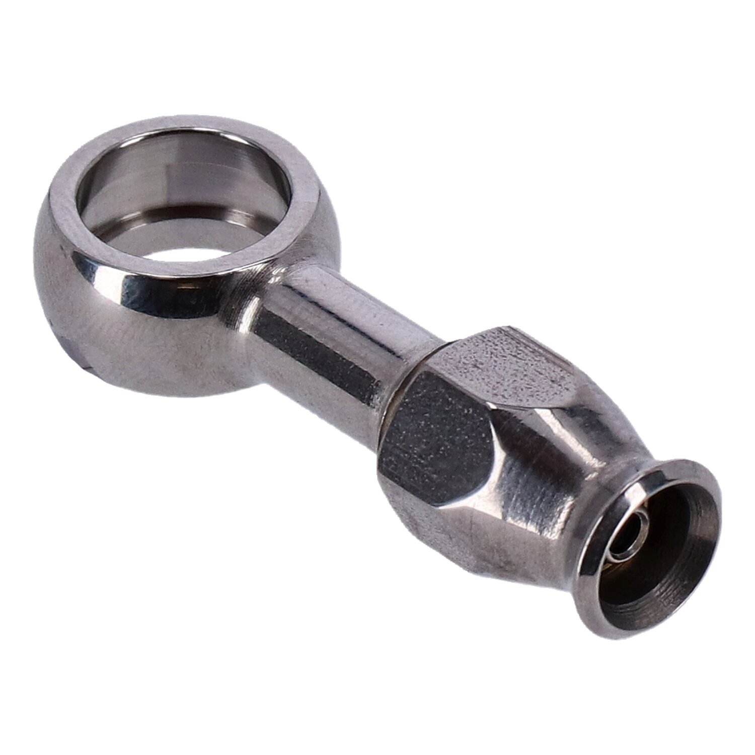 Goodridge, 7/16" (11mm) banjo fitting straight. Stainless