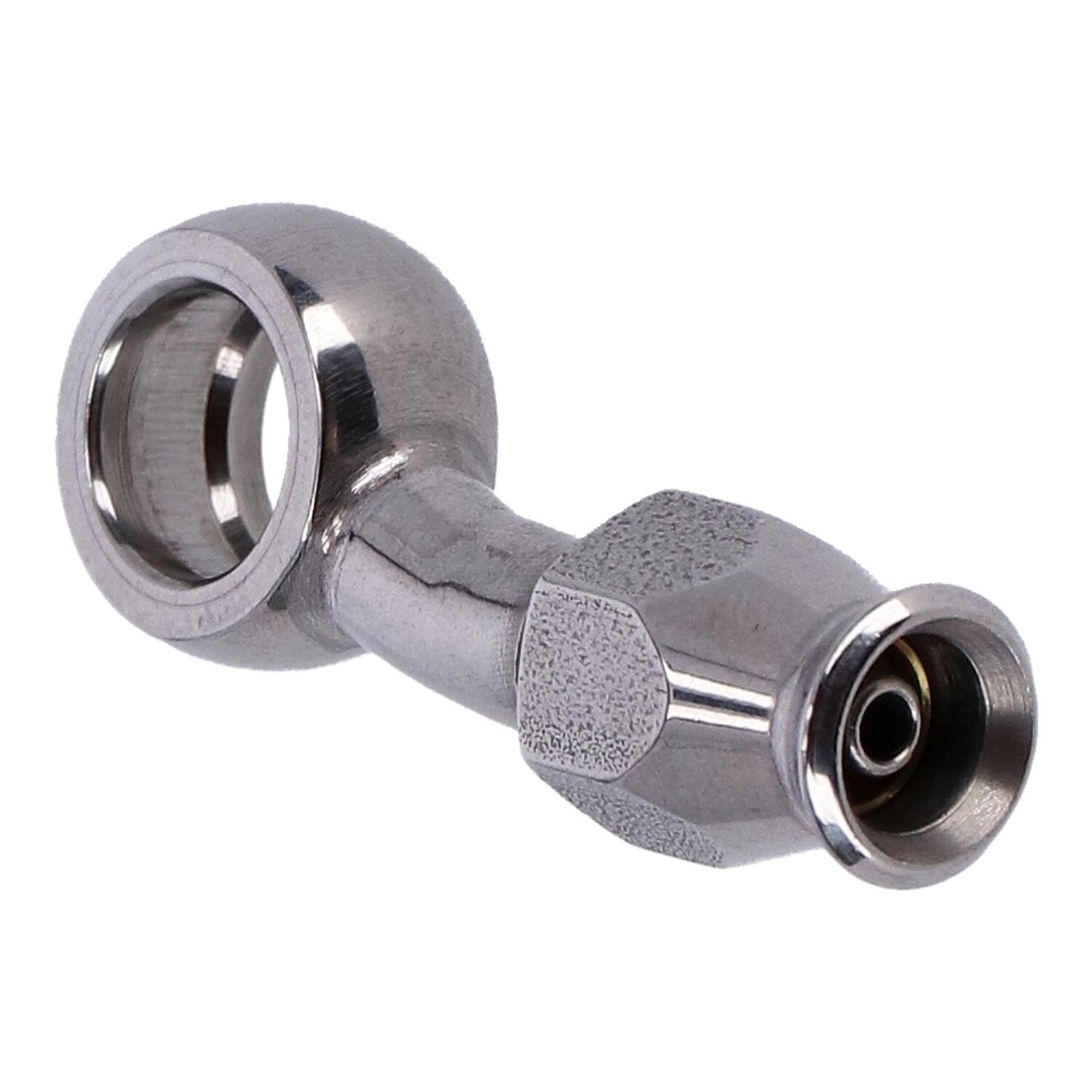 Goodridge, 3/8" (10mm) banjo fitting 20 degree side bend. SS