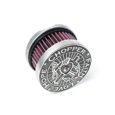 Aluminum. 'Chopper-Faith-Love-Hope'. Sand-cast and in-house produced air cleaner in an un-polished 'stone washed' works finish. Ready to transport your bike to the sub-zero coolness dimension. Small production series warrant exclusivity. A true handmade Piece of Art. 

Note: Does not include carb support.