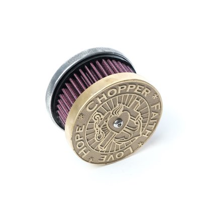 Brass. 'Chopper-Faith-Love-Hope'. Sand-cast and in-house produced air cleaner in an un-polished 'stone washed' works finish. Ready to transport your bike to the sub-zero coolness dimension. Small production series warrant exclusivity. A true handmade Piece of Art. 

Note: Does not include carb support.
Note: can be ordered on special order.