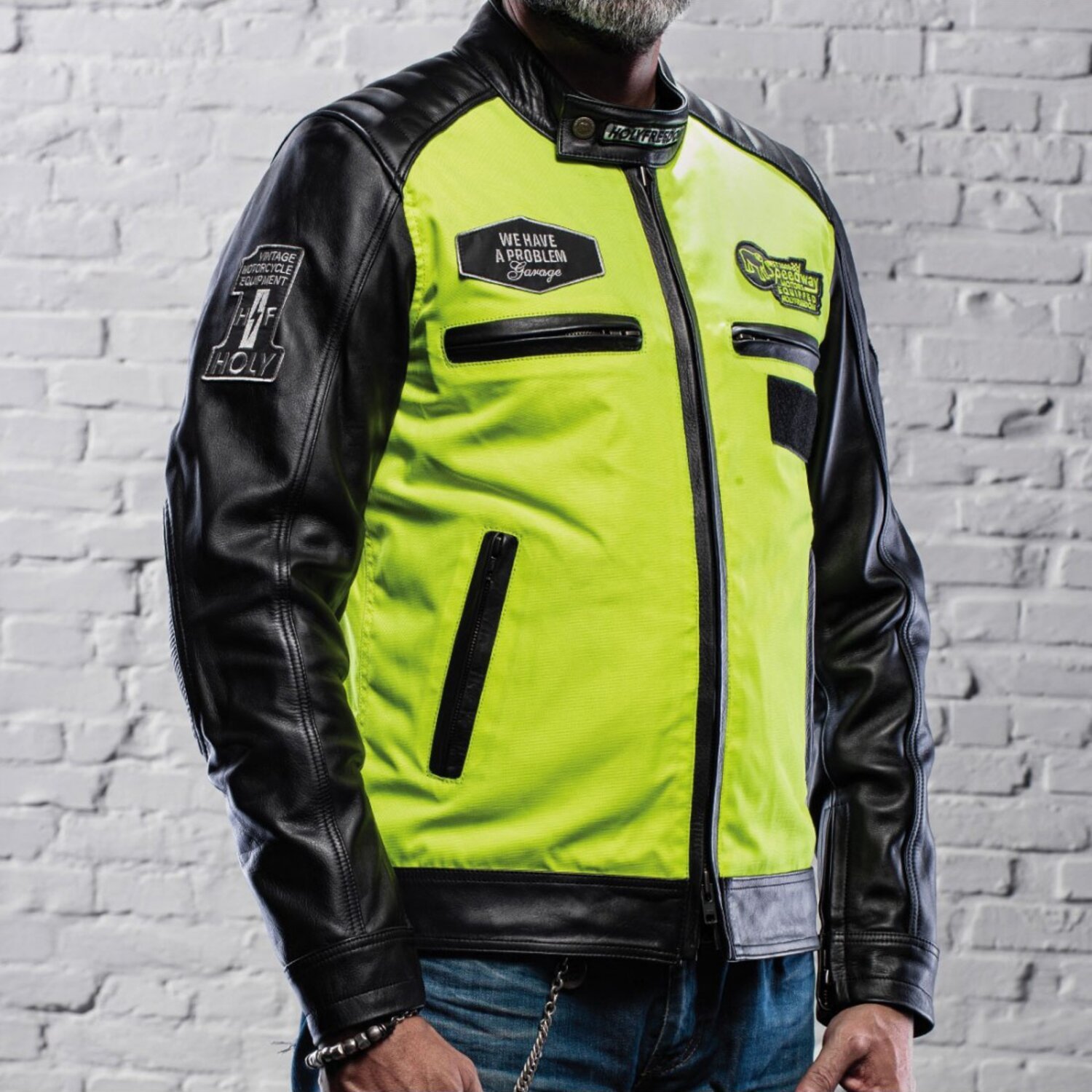 Holy Freedom Zero Vision leather jacket, black fluo, yellow, S