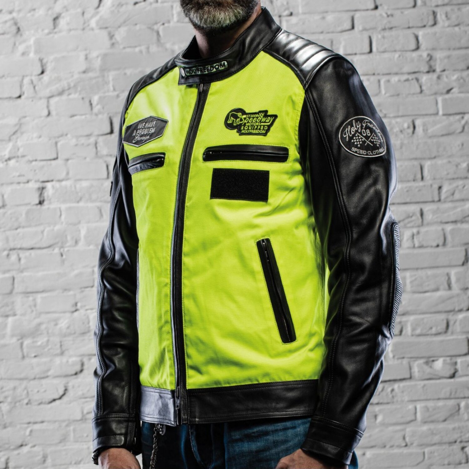 Holy Freedom Zero Vision leather jacket, black fluo, yellow, S