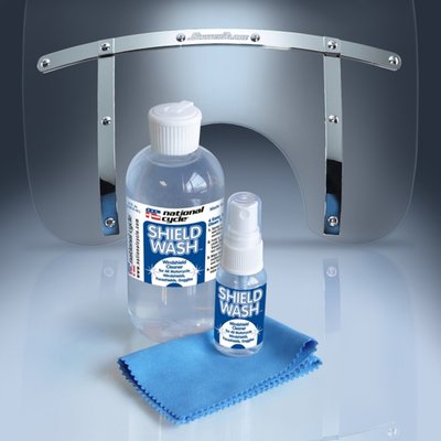 National Cycle's Shield Wash™ is mild enough to use often and can be easily carried on your bike.
The kit includes an 8-oz. refill bottle of Shield Wash, a 1-oz. travel bottle, and a small, high quality microfiber cloth. It's everything you need to keep your windshield sparkling clean!