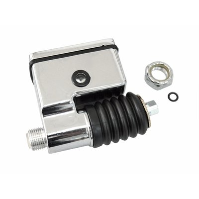 Stock style replacement rear master cylinder.
Fits models equipped with the remote reservoir and regular type master cylinders. 
Chrome plated finishChrome