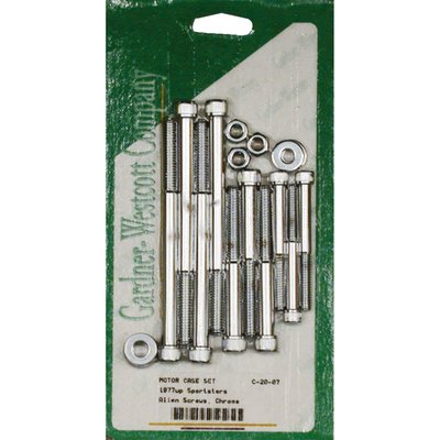 Mounts crankcase halves together. Kits come complete with washers, studs and nuts where applicable. Chome plated.