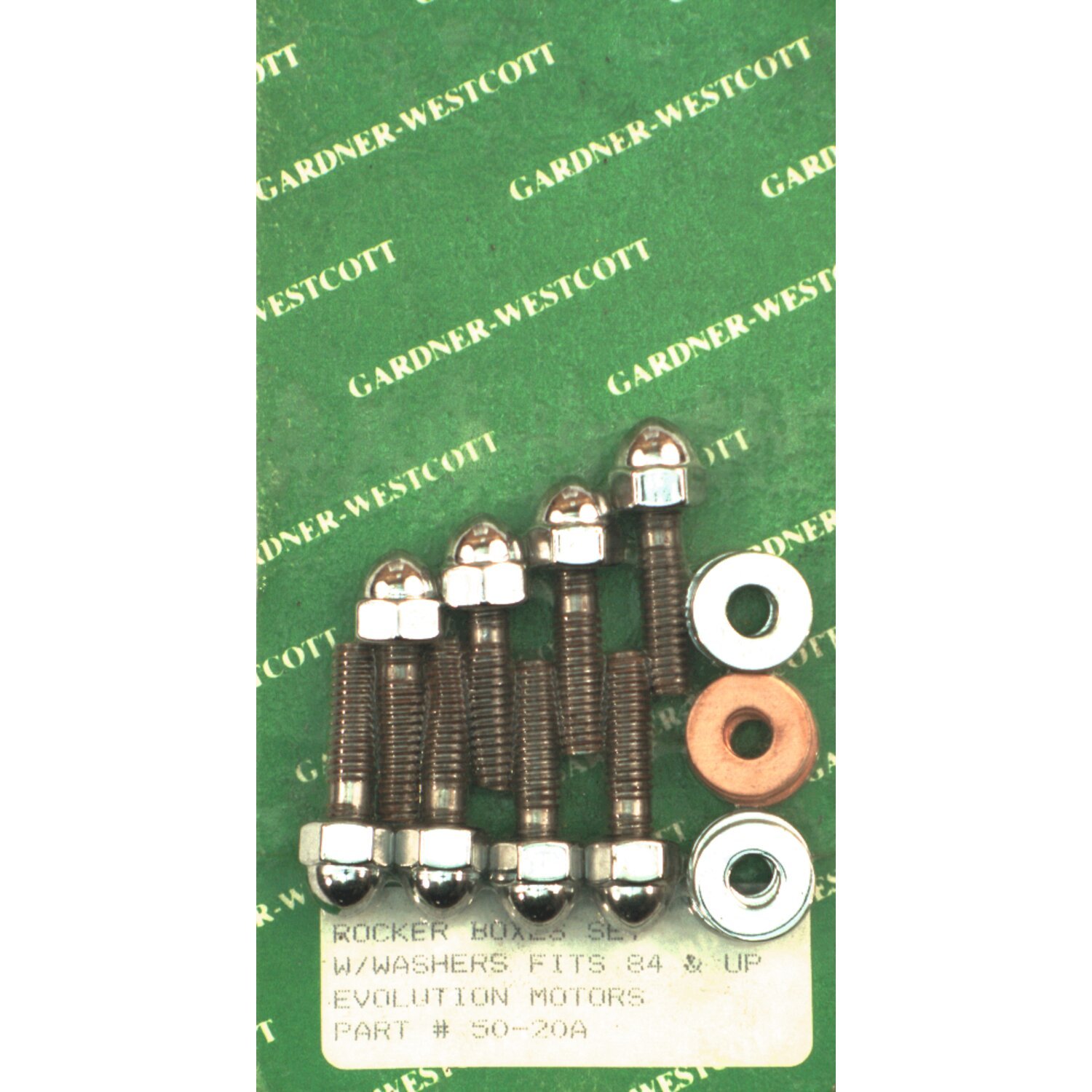 GW, rocker box top bolt kit. Chrome low crown acorn