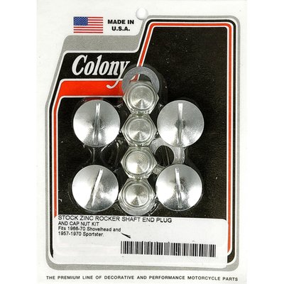 Zinc plated. Slotted. OEM styling except the nuts which are Cap style, simular to stock but it is an all steel construction, and do not have the red plastic inserts. Complete set to fit left and right side of rocker boxes.