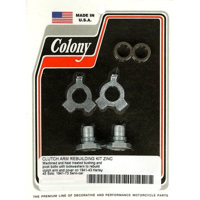 Zinc plated finish. 
Includes bearings, pivot bolts and a lock washer kit to rebuild the 45" Flathead clutch lever arm and sprocket cover.