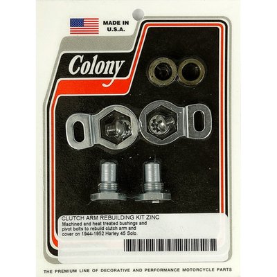 Zinc plated finish. 
Includes bearings, pivot bolts and a lock washer kit to rebuild the 45" Flathead clutch lever arm and sprocket cover.