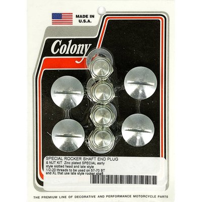 Zinc plated. Specialty set. Features right side nut with early 66-E71 B.T. & 57-E71 XL OEM slotted styling, threaded for use on L71-up models. OEM styling except the left side nuts which are Cap style, simular to stock but it is an all steel construction, and do not have the red plastic inserts. Complete set to fit left and right side of the rocker boxes.