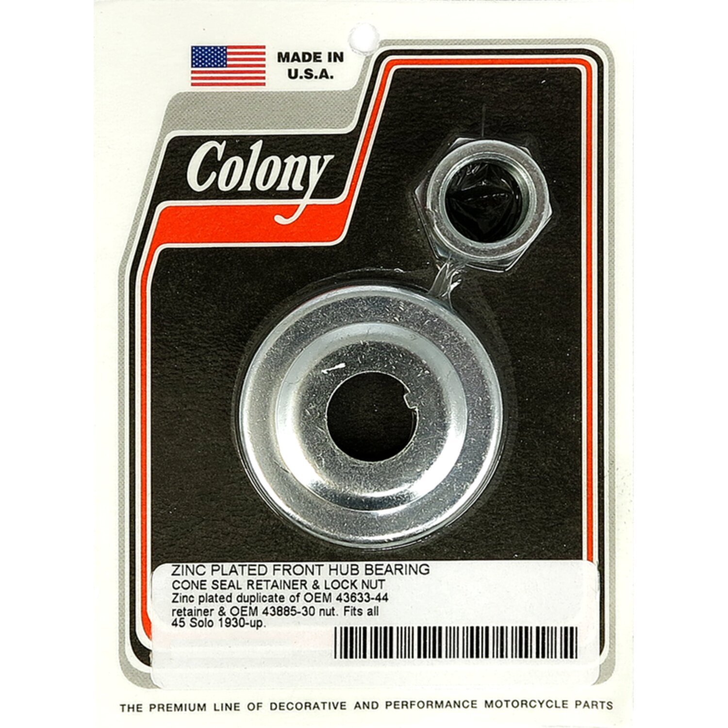 Colony, wheel bearing cone seal retainer & nut kit, Zinc
