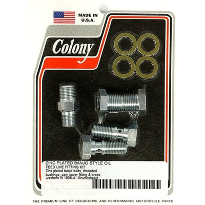 Zinc plated. OEM reproduction. For rocker oil feed line. Kit includes 3572-36B banjo bolts, 9536 threaded bushings, 3615-36 cam cover fitting and 3572-36C brass washers.