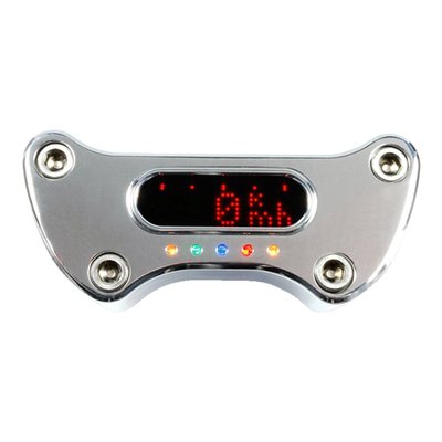 Polished aluminum. 
For 1" (25.4mm) mm handlebars. 
For use with H-D style riser mounting pattern. 
This MSM handlebar top clamp comes with 5 LED indicator lights in Red, Green and Blue. Outer 2 LEDs are amber for turn signal use. 
Approx. 50cm long connector cable.