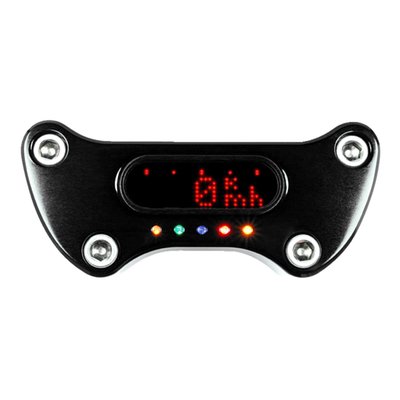 Black anodized. 
For 1" (25.4mm) mm handlebars. 
For use with H-D style riser mounting pattern. 
This MSM handlebar top clamp comes with 5 LED indicator lights in Red, Green and Blue. Outer 2 LEDs are amber for turn signal use. 
Approx. 50cm long connector cable.