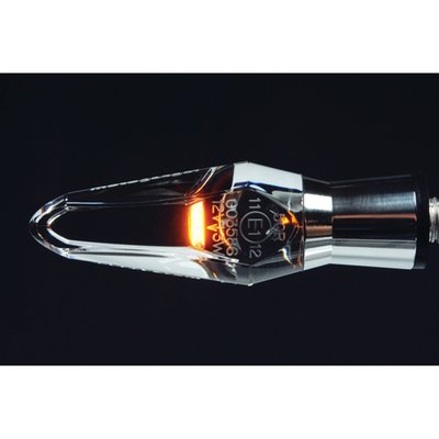 Polished aluminum finish. Black anodized finish. Turn signals with an 8mm threaded stud for universal applications. With 3W Power LED performance and special 180° lighting effect through the clear transparent glas-like material. 
- ECE approved for both front / rear use. Largest diameter 20.5mm, OAL 83mm, OAL without thread 65mm, wiring length 100cm. With 3W power LEDs.