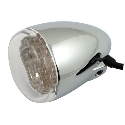 - Clear LEDs that emit amber light 
- Clear lens 
- Chrome housing
