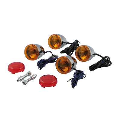 Late bullet style turn signal kit with amber lenses and dual filament bulbs. 
Includes two 932040 and two 932041 turn signals with two 932076 mounting studs & two additional 932035 red lenses.