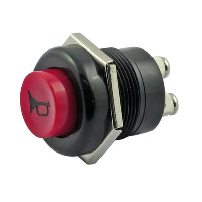 Horn switch with a red horn button with a black horn image print. Requires a 7/8" (22.3mm) diameter mounting hole for installation.
