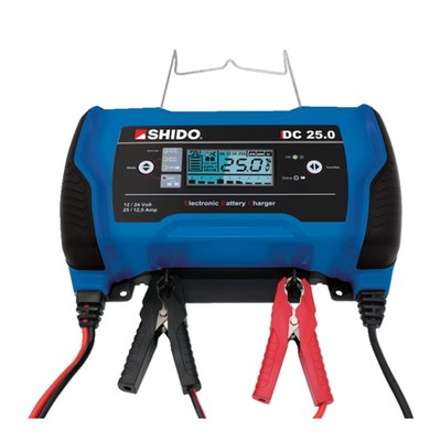 Will charge 12V & 24V lead-acid, AGM and Lithium LiFePO4 batteries. Designed to auto-detect each battery type and will select correct 5-12.5 (for 24V batteries) and 5-12.5-25A (for 12V batteries) charge cycles to maximize battery life. Can be used as trickle charger. Complete with integrated power supply enabling a no-data loss battery change. Lithium batteries are equipped with a BMS that in some cases can prevent the start of the charging cycle, the 'forced charge' UVP (Under Voltage Protection) unlock function is used to unlock these Lithium batteries. Compatible with motorcycle up to truck batteries. 
- Backlit digital graphic display
- Power supply voltage 220-240V
- Reverse polarity protection
- Spark protection
- Recovery function for flat batteries
- Frequency 50-60Hz
- Rated current (min-max) 5-12.5-25Ah for 12V batteries
- Rated current (min-max) 5-12.5Ah for 24V batteries
- Charging and testing stages 9
- Battery voltage 12V - 24V
- Charge capacity 5Ah ÷ 550Ah
- Maintenance capacity 5Ah ÷ 800Ah
- Memory saving feature 13.8V
- IP20 splash and dust proof for indoor use
- Size 260 x 130 x 75mm
- Weight 2.5 Kg