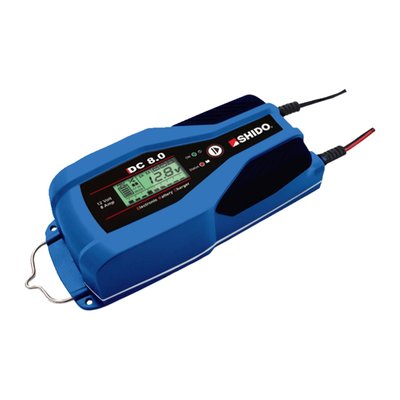 Will charge 12V lead-acid, AGM and Lithium LiFePO4 batteries. Manual charge selection for battery type and will select correct 2-8A charge cycles to maximize battery life. Can be used as trickle charger. Complete with integrated power supply enabling a no-data loss battery change. Compatible with motorcycle and car batteries.
- Power supply voltage 220-240V
- Digital display
- Slow or fast charge selection
- Frequency 50-60Hz
- Rated current (min-max) 2-8A
- Charging and testing stages 9
- Battery voltage 12V
- Charge capacity 5Ah ÷ 160Ah
- Maintenance capacity 5Ah ÷ 250Ah
- Memory saving feature 13.8V to 5V
- IP65 splash and dust proof for outdoor use
- Size 230 x 100 x 65mm
- Weight 1 kg