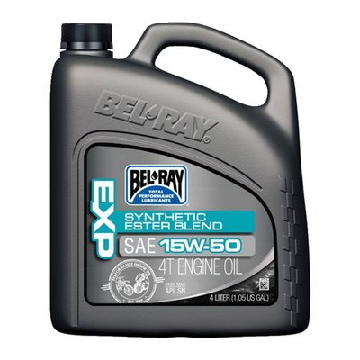 For wet clutches. Bel-Ray EXP semi-synthetic Ester Blend 4T Engine Oil is a 4-stroke motorcycle oil that combines the finest quality synthetic oils with select mineral base oils ensuring the highest level of protection for all 4-stroke motorcycles. Contains shear resistant VI improvers to resist viscosity breakdown. Meets the performance requirements of API SN and JASO MA2. Suitable for air-cooled/liquid-cooled 4-stroke engines and wet clutches.
- Synthetic Ester blended with select synthetic and petroleum components
- Provides exceptional component protection and increased horsepower
- Premium anti-wear properties
- Superior transmission and wet clutch performance