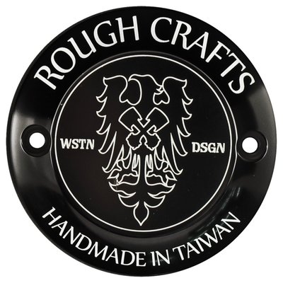 Black anodized, with contrast cut engraving. 
Rough Crafts is a well known Taiwanese builder and designer of exotic custom bikes. Parts are exclusively made small scale high quality in-house productions, as used on Rough Crafts bikes. This timer cover / ignition cover reflect another Taiwan that many of us never knew existed... the land of the individual and free!