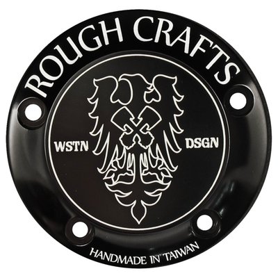 Black anodized, with contrast cut engraving. 
Rough Crafts is a well known Taiwanese builder and designer of exotic custom bikes. Parts are exclusively made small scale high quality in-house productions, as used on Rough Crafts bikes. This timer cover / ignition cover reflect another Taiwan that many of us never knew existed... the land of the individual and free!