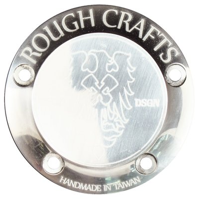 Polished, with engraving. 
Rough Crafts is a well known Taiwanese builder and designer of exotic custom bikes. Parts are exclusively made small scale high quality in-house productions, as used on Rough Crafts bikes. This timer cover / ignition cover reflect another Taiwan that many of us never knew existed... the land of the individual and free!