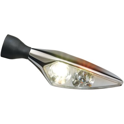 Chrome. 
Front Left. 
Turn signal with Position Light with clear glass. HighPower double LED Technology. ECE approved for front use.
Small, slim and super bright. HighPower LED Technology made it possible to create an EC approved turn signal that is not just small but travel-safe since its illumination power makes it, despite the dimensions, highly visible. Approx. dimensions: 62mm wide x 23mm high x 21mm deep. 
Note: See 934793 for matching Front Right turn signal.