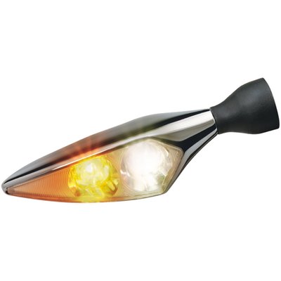 Chrome. 
Front Right. 
Turn signal with position light with clear glass. HighPower double LED Technology. ECE approved for front use.
Small, slim and super bright. HighPower LED Technology made it possible to create an EC approved turn signal that is not just small but travel-safe since its illumination power makes it, despite the dimensions, highly visible. Approx. dimensions: 62mm wide x 23mm high x 21mm deep. 
Note: See 934792 for Front Left turn signal.